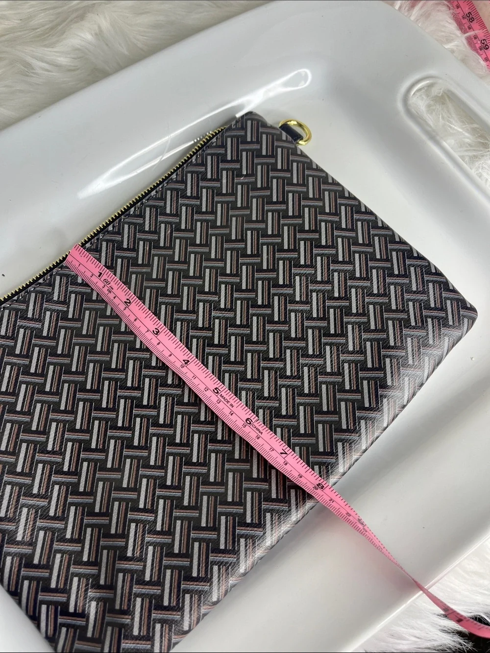 Woven Pattern Zip Pouch Clutch in Black and Brown